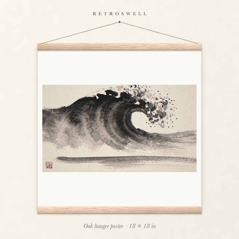 Crashing Wave Xieyi Ink oak hanger poster, 18 by 18 inches, the painting centred on the paper with natural wood rails and a hanging cord.