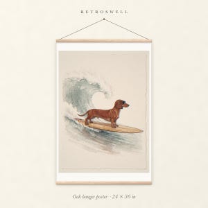 Stampa artistica di un bassotto surfista, con o senza cornice. Poster in stile acquerello con cane. immagine 5