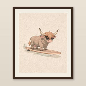 Highland Cow Surfing Print, Cute Coastal Nursery Decor, Cow with Sunglasses on Longboard, Printable Wall Art Digital Download image 1
