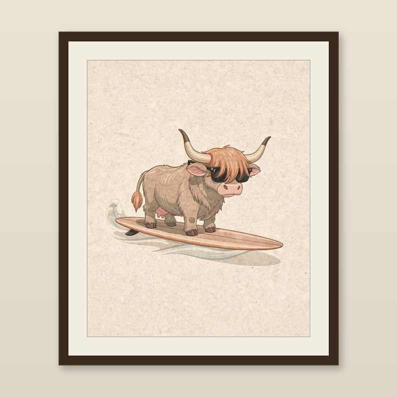 Highland Cow Surfing Print, Cute Coastal Nursery Decor, Cow with Sunglasses on Longboard, Printable Wall Art Digital Download image 1