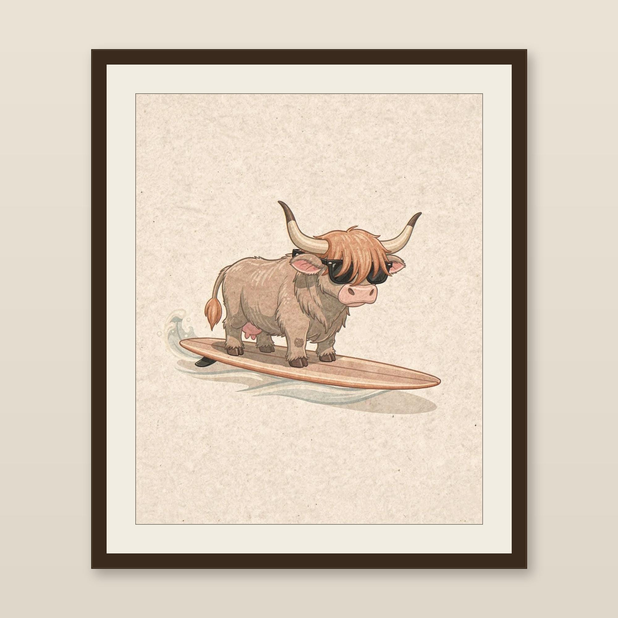 Highland Cow Surfing Print, Cute Coastal Nursery Decor, Cow with Sunglasses on Longboard, Printable Wall Art Digital Download