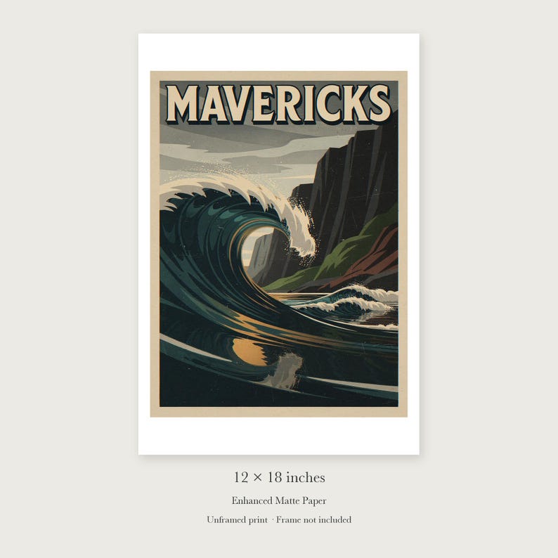 Mavericks Surf Travel Poster, Framed or Unframed Vintage Style Coastal Print image 8
