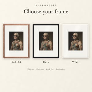 Frame options for George Washington: Red Oak, black and white wood frames, each with a white mat.