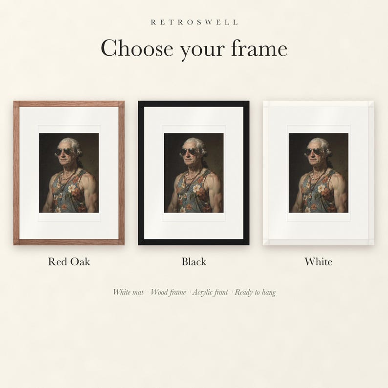 Frame options for George Washington: Red Oak, black and white wood frames, each with a white mat.