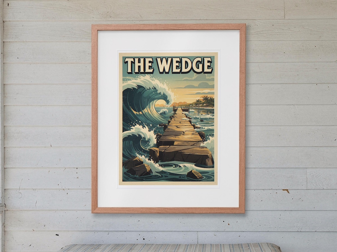 The Wedge Surf Travel Poster print in a Red Oak frame with a white mat, hanging above the bench in a screened beach porch.
