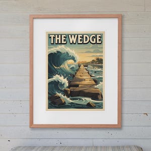 The Wedge Surf Travel Poster print in a Red Oak frame with a white mat, hanging above the bench in a screened beach porch.