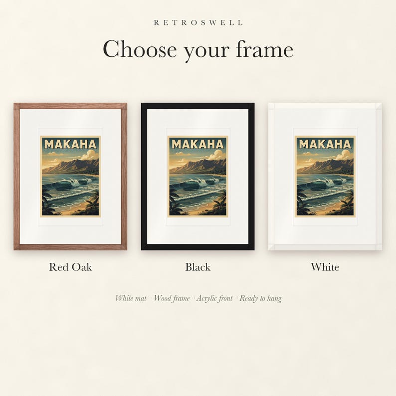 Frame options for Makaha Surf: Red Oak, black and white wood frames, each with a white mat.