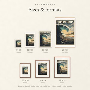 Sizes and formats for Supertubos Surf, shown to scale: unframed prints, oak hanger and framed prints.