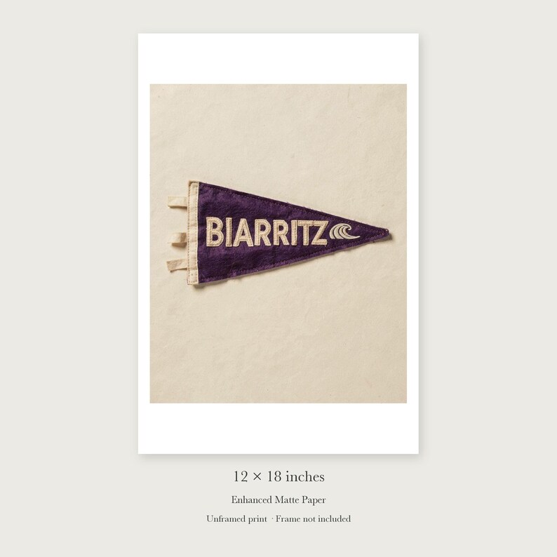 Biarritz, France Surf Pennant unframed 12 by 18 inch print on enhanced matte paper, shown with its white paper border.