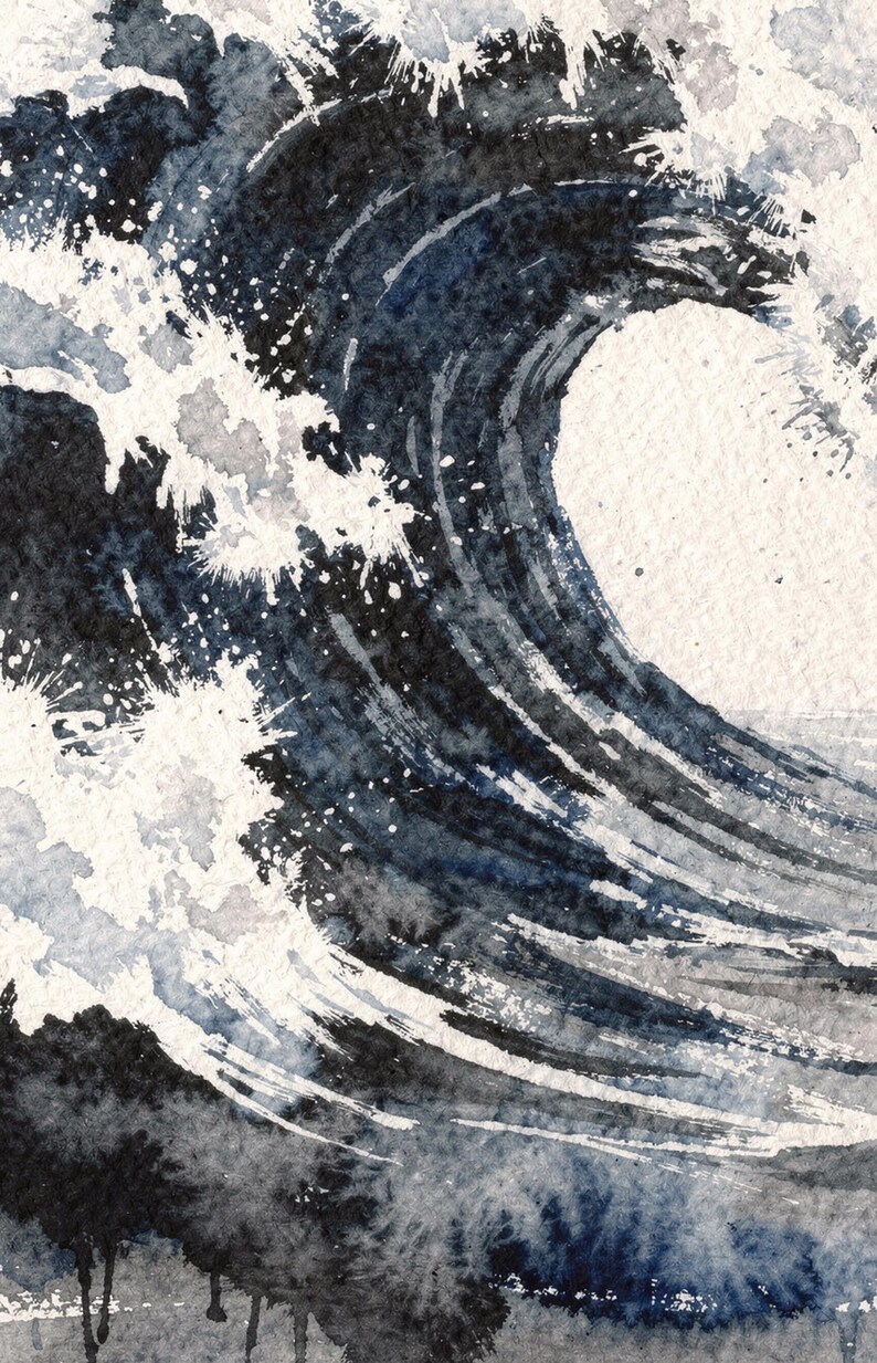 Storm Wave Watercolor Print, Dark Indigo Ocean Art, Moody Coastal Wall Decor, Large Seascape Painting, Printable Wall Art Digital Download image 4