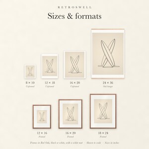 Sizes and formats for Crossed Surfboards Line, shown to scale: unframed prints, oak hanger and framed prints.