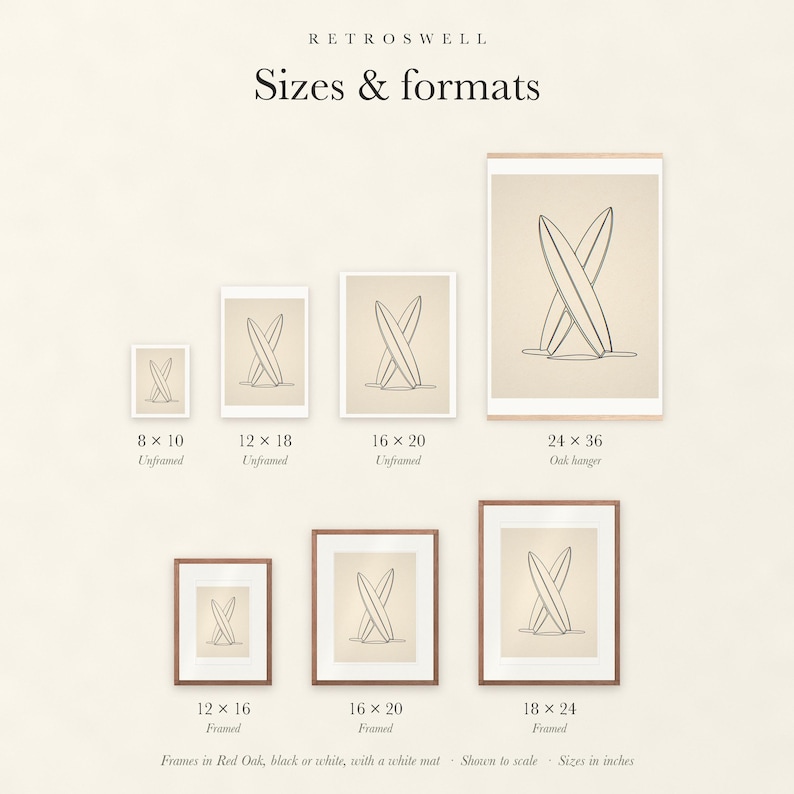Sizes and formats for Crossed Surfboards Line, shown to scale: unframed prints, oak hanger and framed prints.