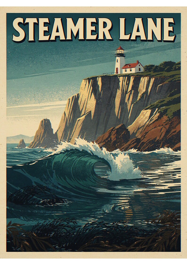 Steamer Lane coastal scene unframed printed artwork and full composition with its paper border.