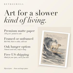 RetroSwell print details for Labrador Surfing: premium 189 g/m² matte paper, framed or unframed, oak hanger option, free US shipping.