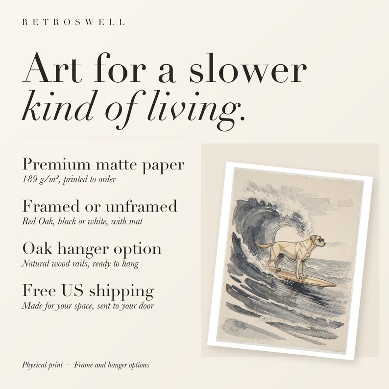 RetroSwell print details for Labrador Surfing: premium 189 g/m² matte paper, framed or unframed, oak hanger option, free US shipping.