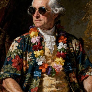 John Adams in tropical shirt and sunglasses unframed printed artwork and full composition with its paper border.