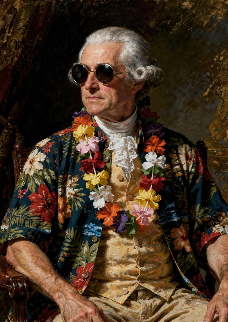 John Adams in tropical shirt and sunglasses unframed printed artwork and full composition with its paper border.