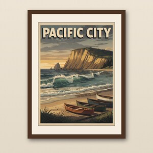 Pacific City Oregon Surf Poster - walnut framed art print with cream mat on plaster wall