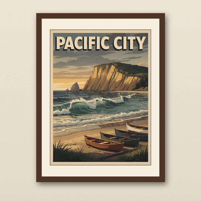 Pacific City Oregon Surf Poster - walnut framed art print with cream mat on plaster wall