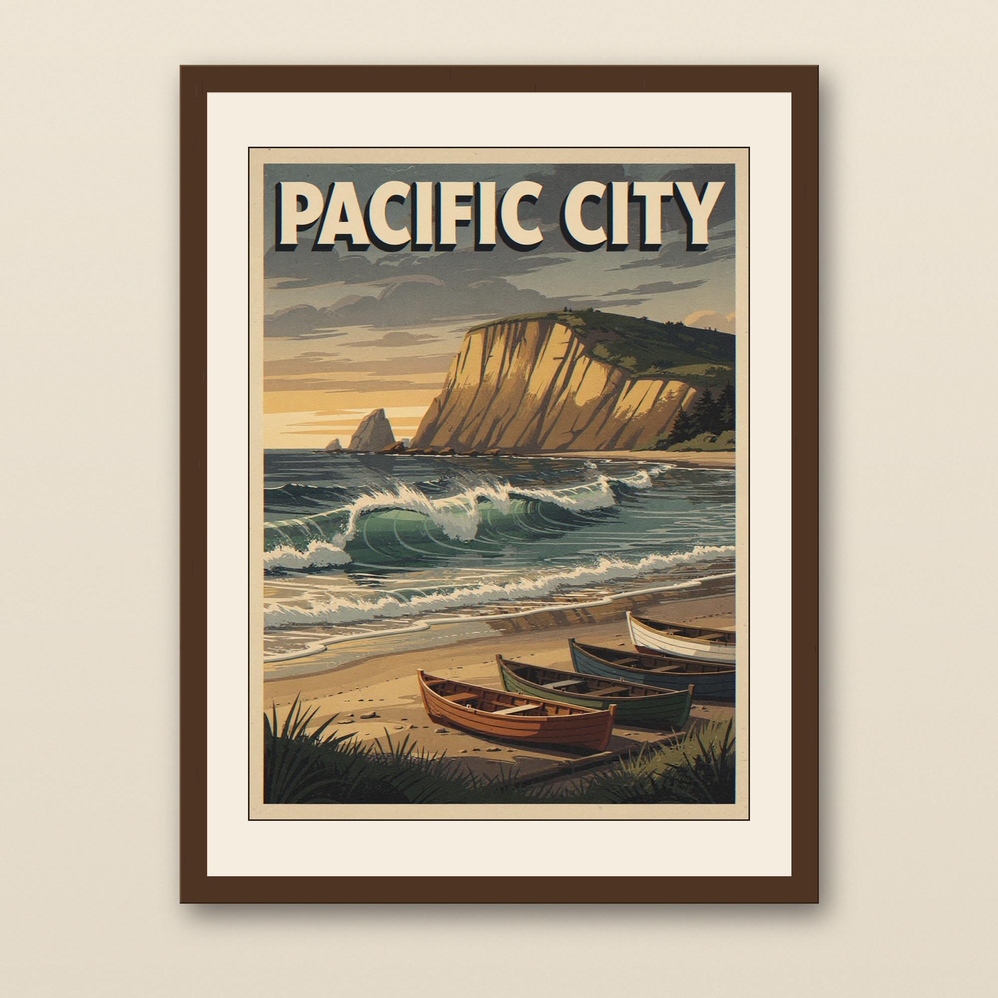 Pacific City Oregon Surf Poster - walnut framed art print with cream mat on plaster wall