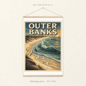 Outer Banks Surf oak hanger poster, 24 by 36 inches, with natural wood rails and a hanging cord.
