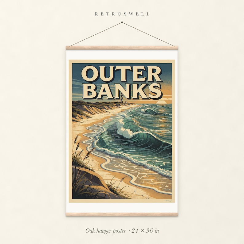 Outer Banks Surf oak hanger poster, 24 by 36 inches, with natural wood rails and a hanging cord.