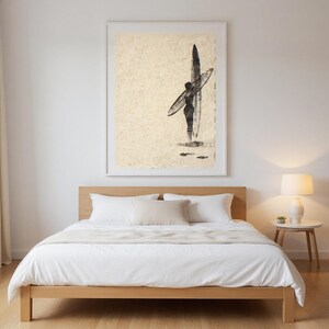 Sumi-e Dawn Patrol Surfer Print framed in a modern bedroom setting