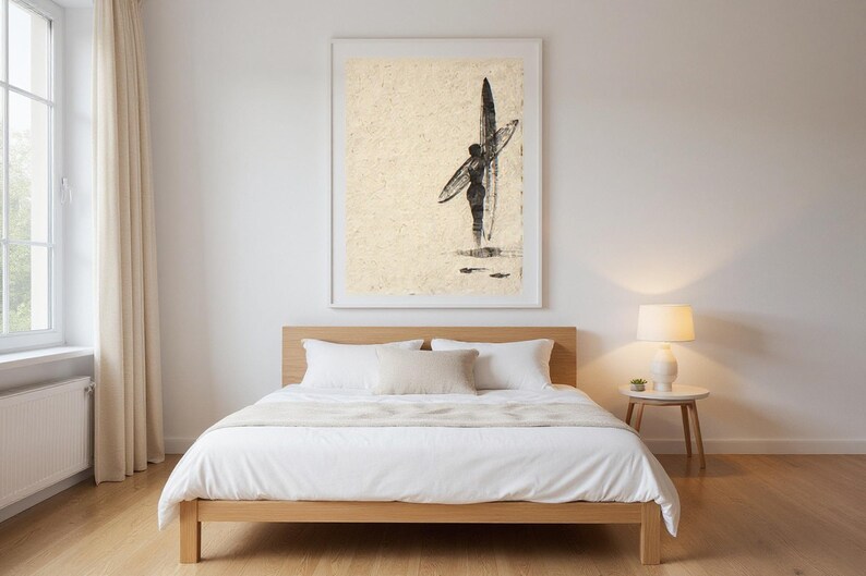 Sumi-e Dawn Patrol Surfer Print framed in a modern bedroom setting