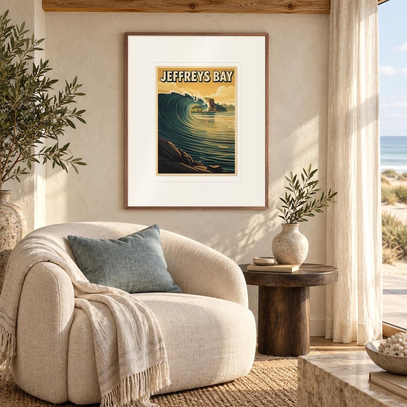Jeffreys Bay Surf print in a Red Oak frame with a white mat in a light-filled coastal sitting room.