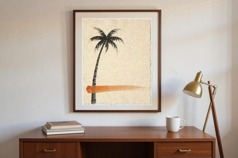 Sumi-e Lone Palm with Sunset Accent Print framed in a home office setting