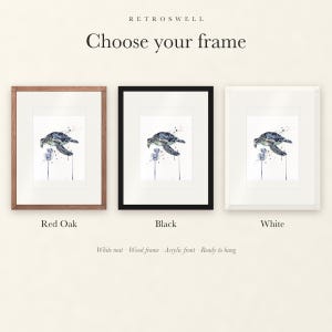 Frame options for Sea Turtle Watercolor: Red Oak, black and white wood frames, each with a white mat.