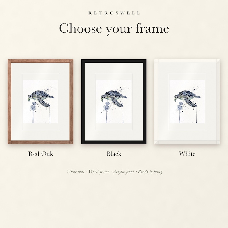Frame options for Sea Turtle Watercolor: Red Oak, black and white wood frames, each with a white mat.