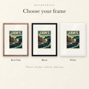 Frame options for Jaws Maui Surf: Red Oak, black and white wood frames, each with a white mat.