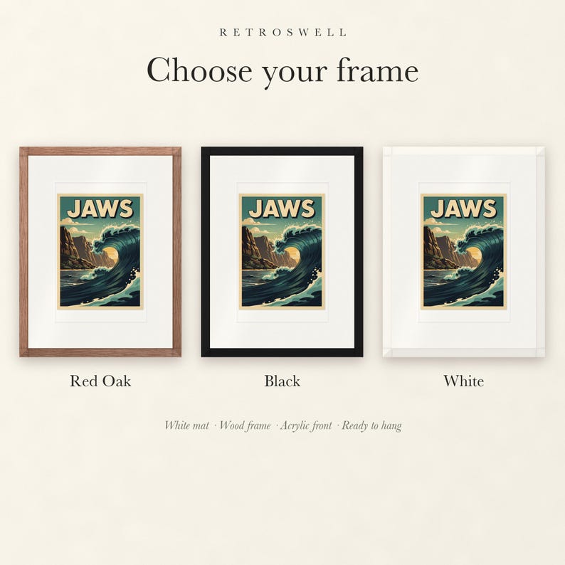 Frame options for Jaws Maui Surf: Red Oak, black and white wood frames, each with a white mat.