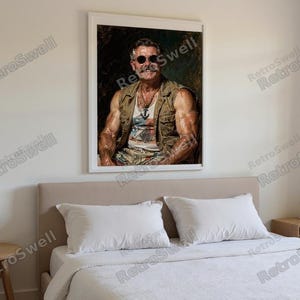 Teddy Roosevelt Surfer Oil Painting Print framed in a modern bedroom setting