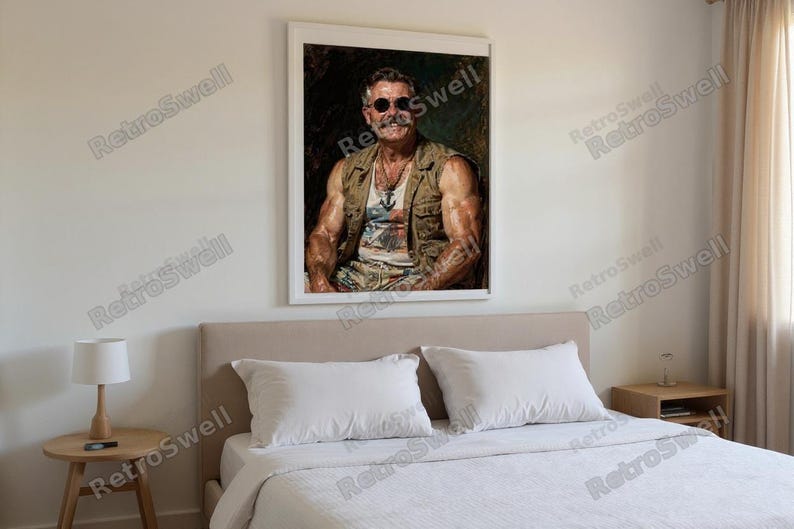 Teddy Roosevelt Surfer Oil Painting Print framed in a modern bedroom setting