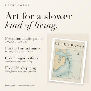 RetroSwell print details for Outer Banks Surf Map: premium 189 g/m² matte paper, framed or unframed, oak hanger option, free US shipping.