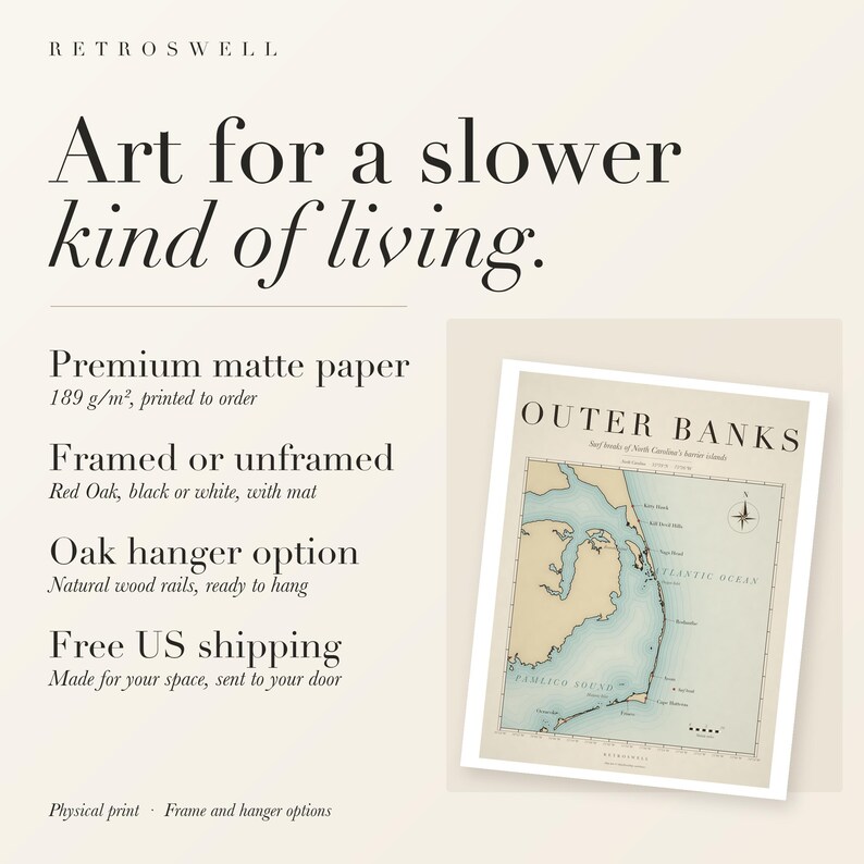 RetroSwell print details for Outer Banks Surf Map: premium 189 g/m² matte paper, framed or unframed, oak hanger option, free US shipping.