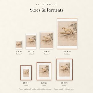 Sizes and formats for Yellow Labrador Surfing, shown to scale: unframed prints, oak hanger and framed prints.