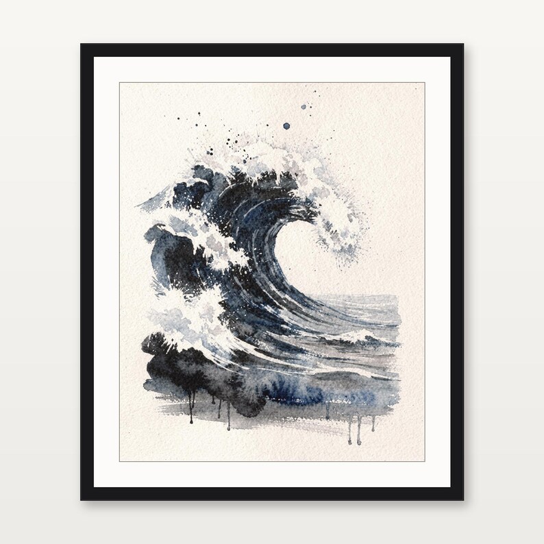 Storm Wave Watercolor Print, Dark Indigo Ocean Art, Moody Coastal Wall Decor, Large Seascape Painting, Printable Wall Art Digital Download image 3