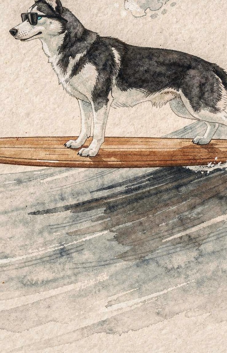 Husky Surfing Art Print | Watercolor Dog Wall Art | Coastal Beach Decor | Printable Instant Download | Funny Surf Dog Gift image 4
