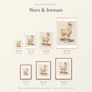 Sizes and formats for Llama on a Longboard, shown to scale: unframed prints, oak hanger and framed prints.
