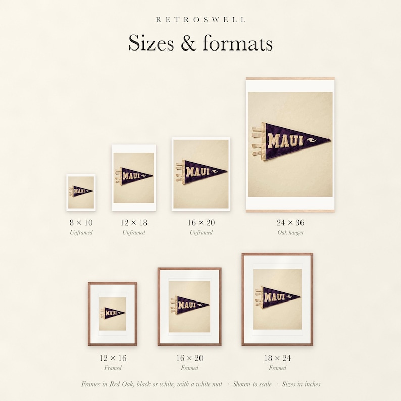 Sizes and formats for Maui Surf Pennant, shown to scale: unframed prints, oak hanger and framed prints.