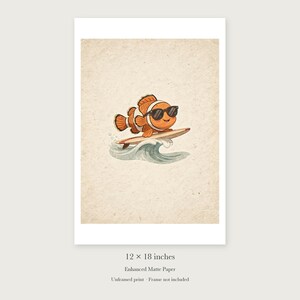 Surfing Clownfish unframed 12 by 18 inch print on enhanced matte paper, shown with its white paper border.