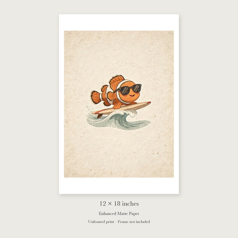 Surfing Clownfish unframed 12 by 18 inch print on enhanced matte paper, shown with its white paper border.