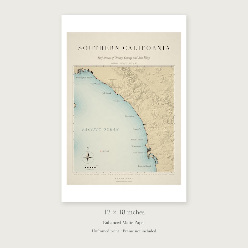 Southern California Surf Map unframed 12 by 18 inch print on enhanced matte paper, shown with its white paper border.