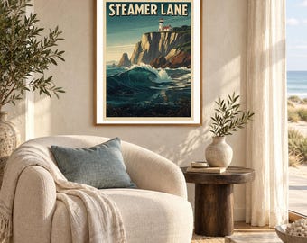 Steamer Lane Santa Cruz Poster | Vintage Surf Travel Poster | Retro Beach Wall Art | Coastal Decor Printable