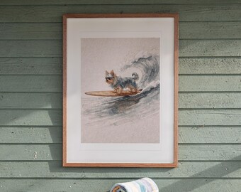 Lámina artística de Yorkshire Terrier surfeando / Arte mural de perro en acuarela (descarga digital)