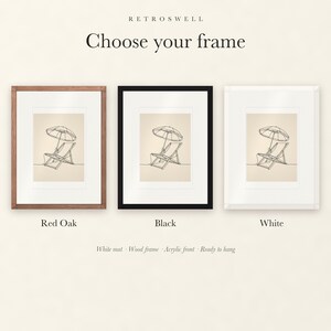 Frame options for Beach Chair and Umbrella Line: Red Oak, black and white wood frames, each with a white mat.