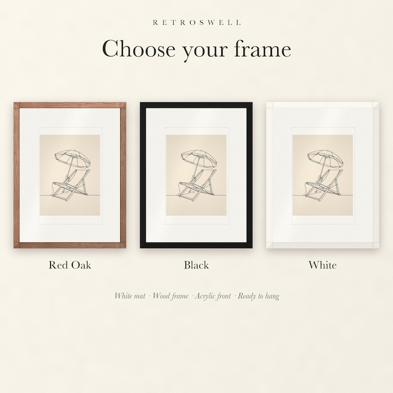 Frame options for Beach Chair and Umbrella Line: Red Oak, black and white wood frames, each with a white mat.
